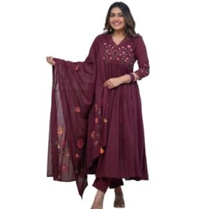 360 BHARAT CRAFT Women's Maroon Cotton Embroidered Long Anarkali Kurti with Pant and Dupatta Set