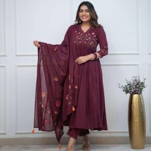 360 BHARAT CRAFT Women's Maroon Cotton Embroidered Long Anarkali Kurti with Pant and Dupatta Set