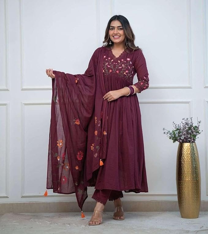 360 BHARAT CRAFT Women's Maroon Cotton Embroidered Long Anarkali Kurti with Pant and Dupatta Set