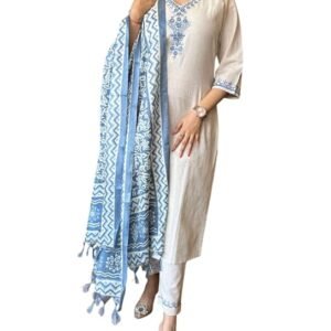 Ethnic 3-Piece Cotton Blend Kurta Suit with Embroidery and V-Neck