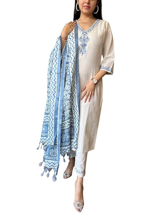 Ethnic 3-Piece Cotton Blend Kurta Suit with Embroidery and V-Neck