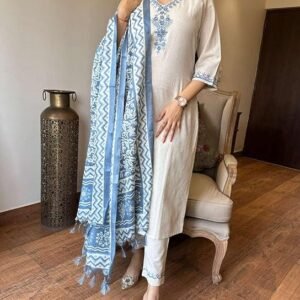 Ethnic 3-Piece Cotton Blend Kurta Suit with Embroidery and V-Neck