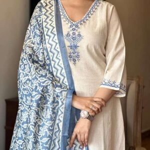 Ethnic 3-Piece Cotton Blend Kurta Suit with Embroidery and V-Neck