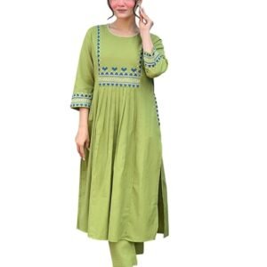 360 BHARAT CRAFT Women's Olive Green Rayon Embroidered A-Line Kurti and Pant Set (XXL Available)