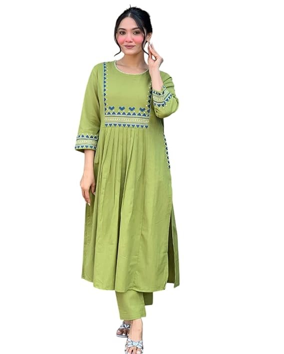 360 BHARAT CRAFT Women's Olive Green Rayon Embroidered A-Line Kurti and Pant Set (XXL Available)