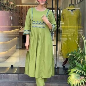 360 BHARAT CRAFT Women's Olive Green Rayon Embroidered A-Line Kurti and Pant Set (XXL Available)
