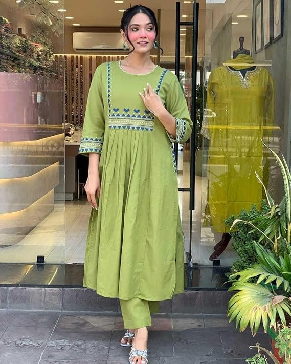 360 BHARAT CRAFT Women's Olive Green Rayon Embroidered A-Line Kurti and Pant Set (XXL Available)