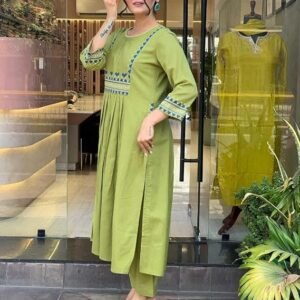 360 BHARAT CRAFT Women's Olive Green Rayon Embroidered A-Line Kurti and Pant Set (XXL Available)