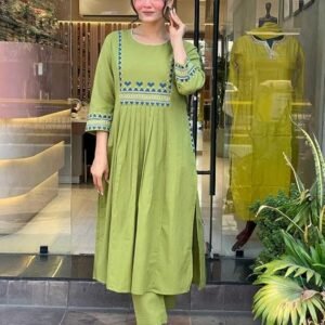 360 BHARAT CRAFT Women's Olive Green Rayon Embroidered A-Line Kurti and Pant Set (XXL Available)