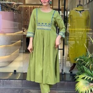 360 BHARAT CRAFT Women's Olive Green Rayon Embroidered A-Line Kurti and Pant Set (XXL Available)