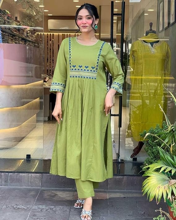 360 BHARAT CRAFT Women's Olive Green Rayon Embroidered A-Line Kurti and Pant Set (XXL Available)
