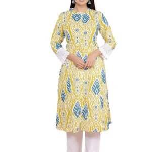 360 BHARAT CRAFT Women's Lemon Cotton Printed A-Line Kurti with Pant Set