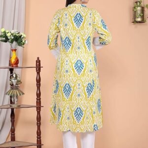 360 BHARAT CRAFT Women's Lemon Cotton Printed A-Line Kurti with Pant Set