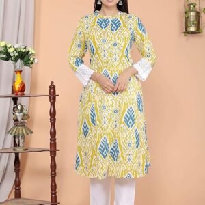 360 BHARAT CRAFT Women's Lemon Cotton Printed A-Line Kurti with Pant Set