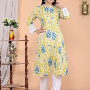 360 BHARAT CRAFT Women's Lemon Cotton Printed A-Line Kurti with Pant Set