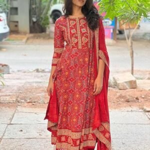 60 BHARAT CRAFT Women's Red Embroidered Anarkali Kurta with Pant and Dupatta Set