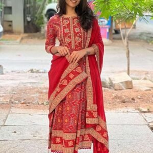 60 BHARAT CRAFT Women's Red Embroidered Anarkali Kurta with Pant and Dupatta Set