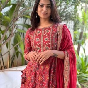 360 BHARAT CRAFT Women's Red Embroidered Anarkali Kurta with Pant and Dupatta Set