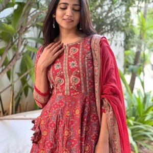 60 BHARAT CRAFT Women's Red Embroidered Anarkali Kurta with Pant and Dupatta Set