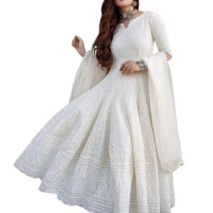 360 BHARAT CRAFT Women's Pure White Cotton Anarkali Chikankari Long Kurti Gown for Festivals