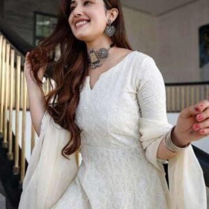 360 BHARAT CRAFT Women's Pure White Cotton Anarkali Chikankari Long Kurti Gown for Festivals