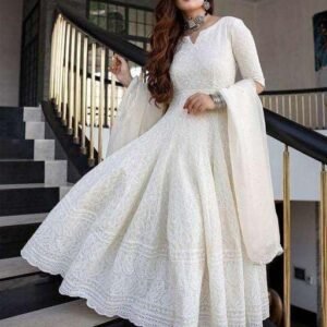 360 BHARAT CRAFT Women's Pure White Cotton Anarkali Chikankari Long Kurti Gown for Festivals
