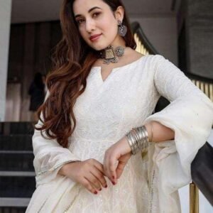 360 BHARAT CRAFT Women's Pure White Cotton Anarkali Chikankari Long Kurti Gown for Festivals