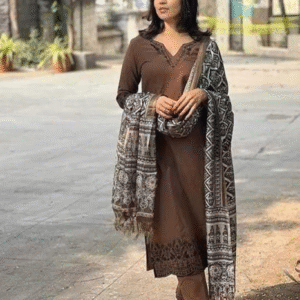 360 BHARAT CRAFT Women's Brown Cotton Printed Kurti Pant Dupatta Set (V-Neck, 3-Piece)