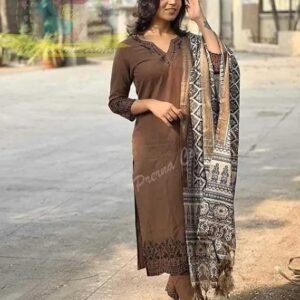 360 BHARAT CRAFT Women's Brown Cotton Printed Kurti Pant Dupatta Set (V-Neck, 3-Piece)