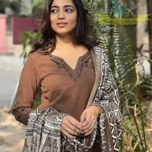 360 BHARAT CRAFT Women's Brown Cotton Printed Kurti Pant Dupatta Set (V-Neck, 3-Piece)