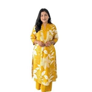 360 BHARAT CRAFT Women's Yellow Cotton Floral Printed Straight Kurti with Pant Set (V-Neck)