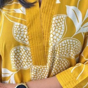 360 BHARAT CRAFT Women's Yellow Cotton Floral Printed Straight Kurti with Pant Set (V-Neck)