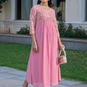 360 BHARAT CRAFT Women's Pink Embroidered Georgette Kurta with Pant Set (V-Neck)