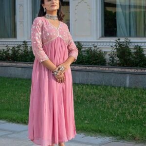 360 BHARAT CRAFT Women's Pink Embroidered Georgette Kurta with Pant Set (V-Neck)