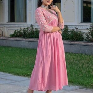 360 BHARAT CRAFT Women's Pink Embroidered Georgette Kurta with Pant Set (V-Neck)