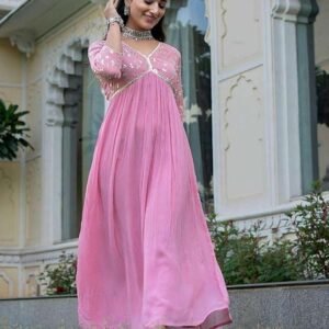 360 BHARAT CRAFT Women's Pink Embroidered Georgette Kurta with Pant Set (V-Neck)