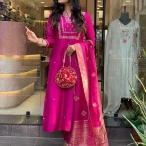 360 BHARAT CRAFT Women's Pink Roman Silk Embroidered A-Line Kurta Pant Dupatta Set