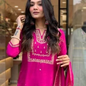 360 BHARAT CRAFT Women's Pink Roman Silk Embroidered A-Line Kurta Pant Dupatta Set
