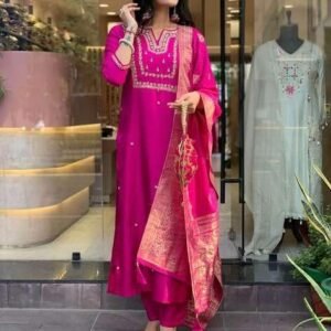 360 BHARAT CRAFT Women's Pink Roman Silk Embroidered A-Line Kurta Pant Dupatta Set