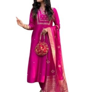 360 BHARAT CRAFT Women's Pink Roman Silk Embroidered A-Line Kurta Pant Dupatta Set